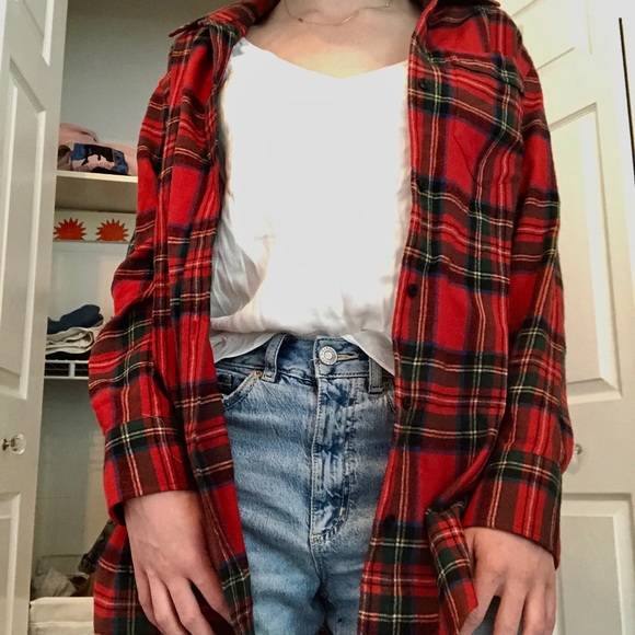Long Bright Red Button up Flannel - Picture 2 of 3